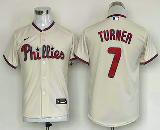 Youth Philadelphia Phillies #7 Trea Turner Cream Stitched MLB Cool Base Nike Jersey - Click Image to Close