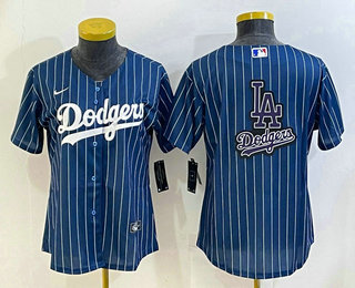 Women's Los Angeles Dodgers Big Logo Navy Blue Pinstripe Stitched MLB Cool Base Nike Jerseys