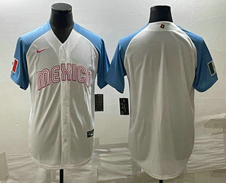 Men's Mexico Baseball Blank 2023 White Blue World Classic Stitched Jerseys