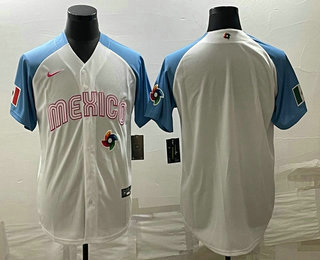 Men's Mexico Baseball Blank 2023 White Blue World Classic Stitched Jersey