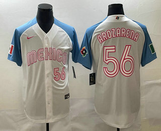 Mens Mexico Baseball #56 Randy Arozarena Number 2023 White Blue World Classic Stitched Jersey - Click Image to Close