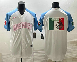 Men's Mexico Baseball Big Logo 2023 White Blue World Classic Stitched Jersey3