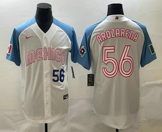 Men's Mexico Baseball #56 Randy Arozarena Number 2023 White Blue World Classic Stitched Jersey - Click Image to Close