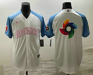 Men's Mexico Baseball Big Logo 2023 White Blue World Classic Stitched Jersey2