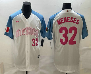 Men's Mexico Baseball #32 Joey Meneses Number 2023 White Blue World Classic Stitched Jersey