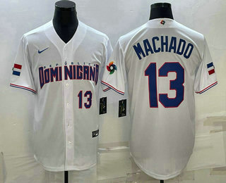 Mens Dominican Republic Baseball #13 Manny Machado Number 2023 White World Baseball Classic Stitched