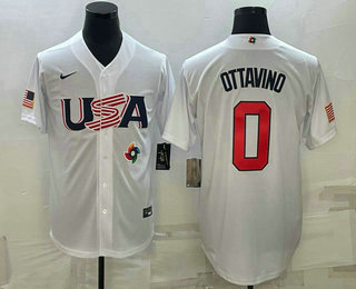 Men's USA Baseball #0 Adam Ottavino 2023 White World Baseball Classic Stitched Jersey - Click Image to Close