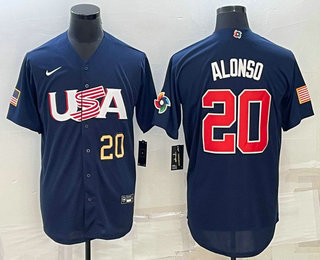 Men's USA Baseball #20 Pete Alonso Number 2023 Navy World Baseball Classic Stitched Jerseys