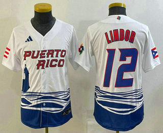 Youth Puerto Rico Baseball #12 Francisco Lindor 2023 White World Baseball Classic Stitched Jerseys