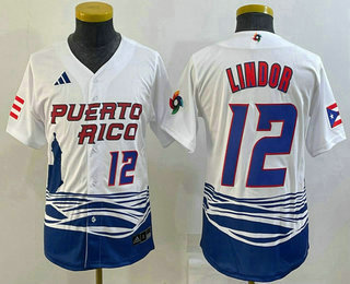 Youth Puerto Rico Baseball #12 Francisco Lindor Number 2023 White World Baseball Classic Stitched Je