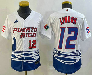 Youth Puerto Rico Baseball #12 Francisco Lindor Number 2023 White World Baseball Classic Stitched Je
