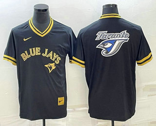 Men's Toronto Blue Jays Big Logo Black Gold Nike Cooperstown Legend V Neck Jersey - Click Image to Close