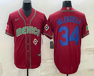 Men's Mexico Baseball #34 Fernando Valenzuela 2023 Red Blue World Baseball Classic Stitched Jersey - Click Image to Close