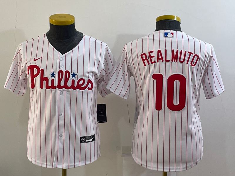 Youth Philadelphia Phillies #10 JT Realmuto White Stitched MLB Cool Base Nike Jersey - Click Image to Close