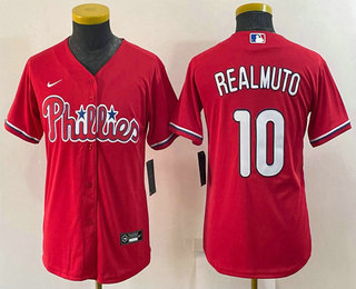 Youth Philadelphia Phillies #10 JT Realmuto Red Stitched MLB Cool Base Nike Jersey - Click Image to Close