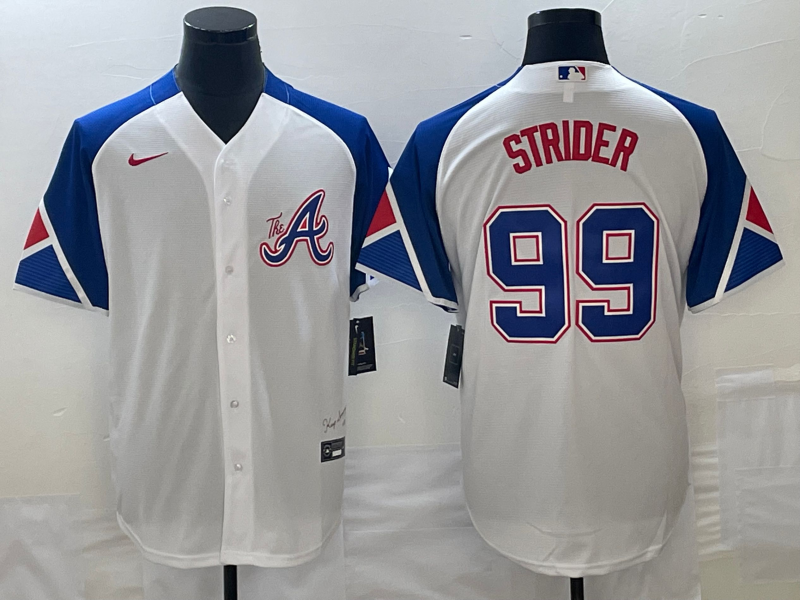 Men's Atlanta Braves #99 Spencer Strider White 2023 City Connect Cool Base Stitched Jersey - Click Image to Close