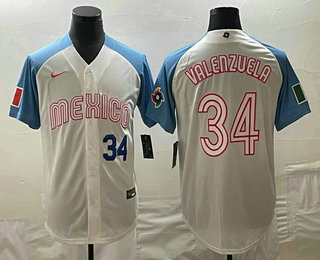 Men's Mexico Baseball #34 Fernando Valenzuela Number 2023 White Blue World Classic Stitched Jerseys - Click Image to Close