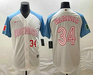 Men's Mexico Baseball #34 Fernando Valenzuela Number 2023 White Blue World Classic Stitched Jersey2 - Click Image to Close