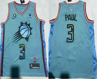 Men's Phoenix Suns #3 Chris Paul Blue 2022 City 6 Patch Sponsor Icon Swingman Jersey - Click Image to Close