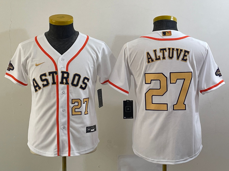 Youth Houston Astros #27 Jose Altuve Number 2023 White Gold World Serise Champions Patch Cool Base S