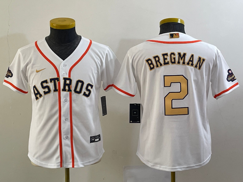 Youth Houston Astros #2 Alex Bregman 2023 White Gold World Serise Champions Patch Cool Base Stitched - Click Image to Close
