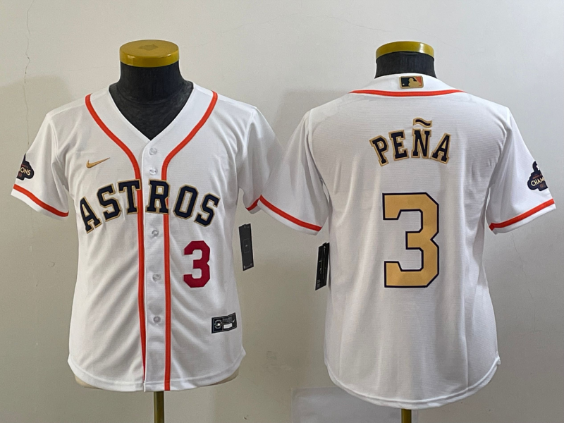 Youth Houston Astros #3 Jeremy Pena Number 2023 White Gold World Serise Champions Patch Cool Base St - Click Image to Close