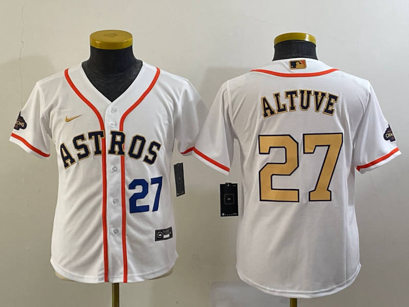 Youth Houston Astros #27 Jose Altuve Number 2023 White Gold World Serise Champions Patch Cool Base S