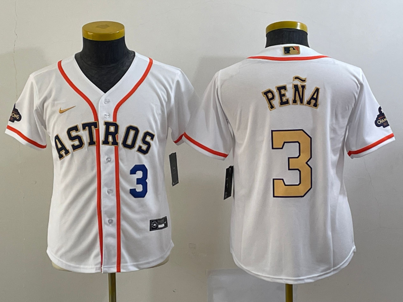 Youth Houston Astros #3 Jeremy Pena Number 2023 White Gold World Serise Champions Patch Cool Base St
