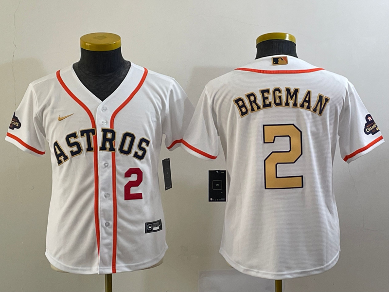 Youth Houston Astros #2 Alex Bregman Number 2023 White Gold World Serise Champions Patch Cool Base S