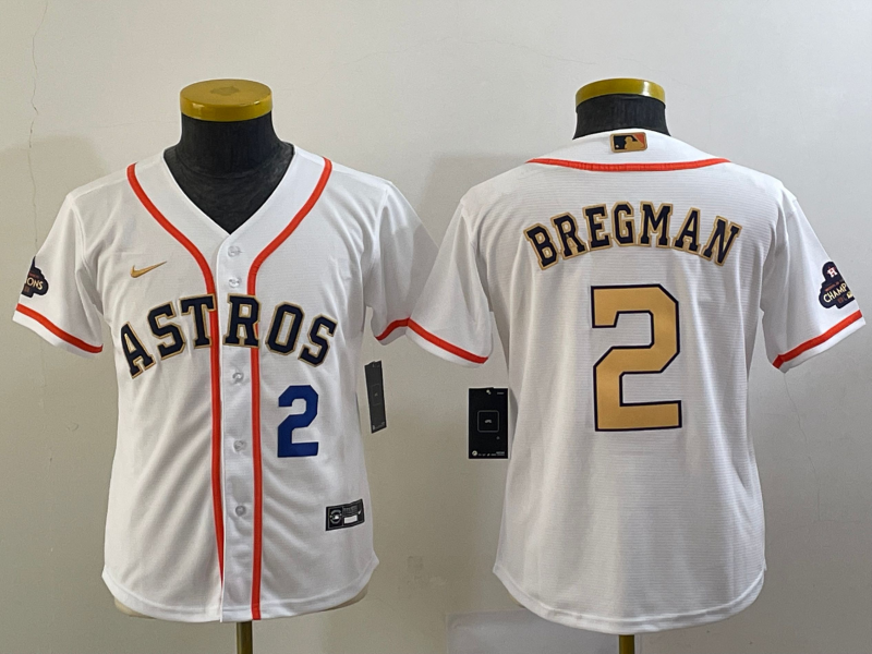 Youth Houston Astros #2 Alex Bregman Number 2023 White Gold World Serise Champions Patch Cool Base S