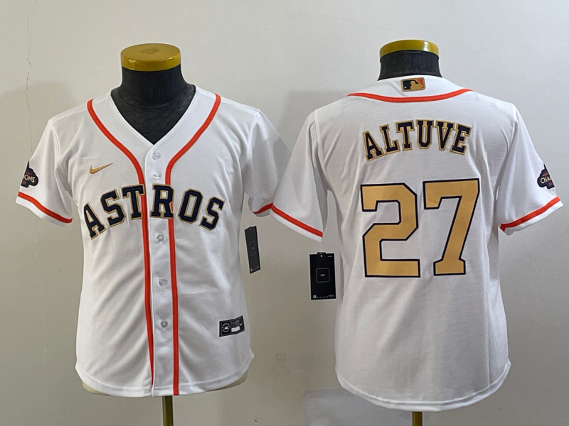 Youth Houston Astros #27 Jose Altuve 2023 White Gold World Serise Champions Patch Cool Base Stitched