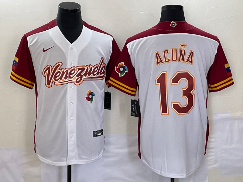 Men's Venezuela Baseball #13 Ronald Acuna Jr 2023 White Red World Classic Stitched Jersey - Click Image to Close