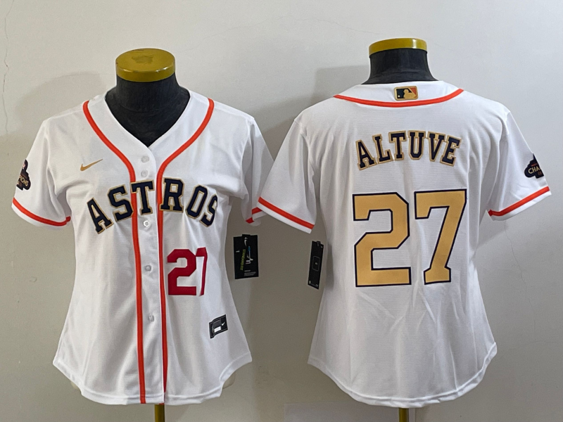 Women's Houston Astros #27 Jose Altuve Number 2023 White Gold World Serise Champions Patch Cool Base