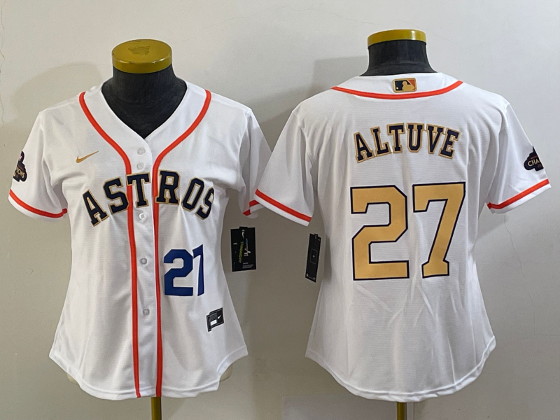 Women's Houston Astros #27 Jose Altuve Number 2023 White Gold World Serise Champions Patch Cool Base