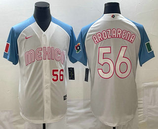Mens Mexico Baseball #56 Randy Arozarena Number 2023 White Blue World Classic Stitched Jersey - Click Image to Close