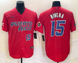 Men's Puerto Rico Baseball #15 Emmanuel Rivera Number 2023 Red World Classic With Patch Stitched Jer - Click Image to Close