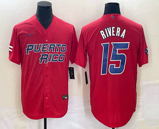 Men's Puerto Rico Baseball #15 Emmanuel Rivera 2023 Red World Classic With Patch Stitched Jersey - Click Image to Close