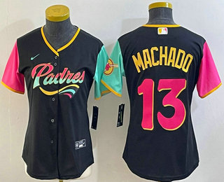 Women's San Diego Padres #13 Manny Machado Black 2022 City Connect Cool Base Stitched Jersey - Click Image to Close