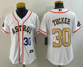 Women's Houston Astros #30 Kyle Tucker Number 2023 White Gold World Serise Champions Patch Cool Base