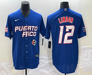Men's Puerto Rico Baseball #12 Francisco Lindor 2023 Royal World Classic Stitched Jersey - Click Image to Close