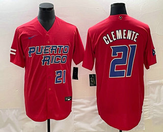 Mens Puerto Rico Baseball #21 Roberto Clemente Number 2023 Red World Classic Stitched Jersey - Click Image to Close