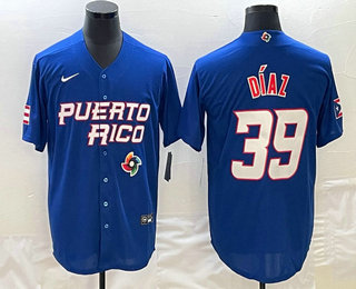 Men's Puerto Rico Baseball #39 Edwin Diaz 2023 Blue World Baseball Classic Stitched Jerseys