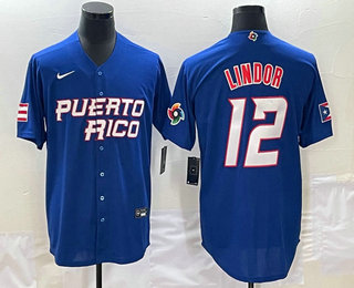 Men's Puerto Rico Baseball #12 Francisco Lindor 2023 Royal World Classic Stitched Jerseys