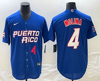 Mens Puerto Rico Baseball #4 Yadier Molina Number 2023 Blue World Baseball Classic Stitched Jersey