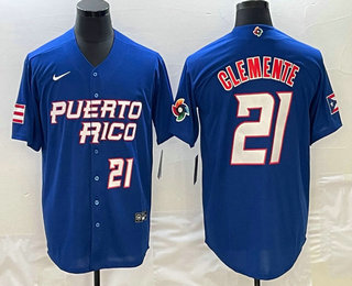 Men's Puerto Rico Baseball #21 Roberto Clemente Number 2023 Blue World Classic Stitched Jerseys