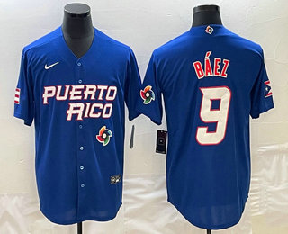 Men's Puerto Rico Baseball #9 Javier Baez 2023 Blue World Baseball Classic Stitched Jersey