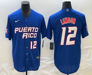 Men's Puerto Rico Baseball #12 Francisco Lindor Number 2023 Royal World Classic Stitched Jersey - Click Image to Close