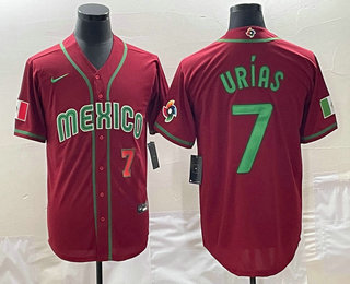 Men's Mexico Baseball #7 Julio Urias Number 2023 Red Green World Baseball Classic Stitched Jersey