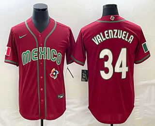 Men's Mexico Baseball #34 Fernando Valenzuela 2023 Red Blue World Baseball Classic Stitched Jersey