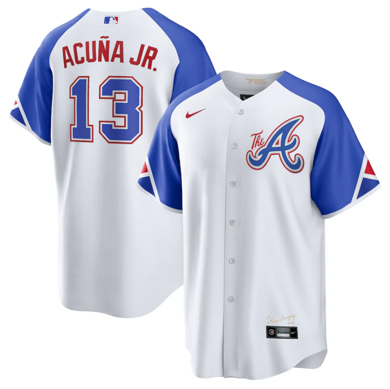 Men's Atlanta Braves #13 Ronald Acuña Jr. White 2023 City Connect Cool Base Stitched Baseball
